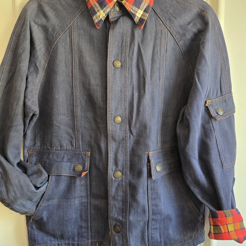 Men's Blue Denim Jacket with Red Plaid Details